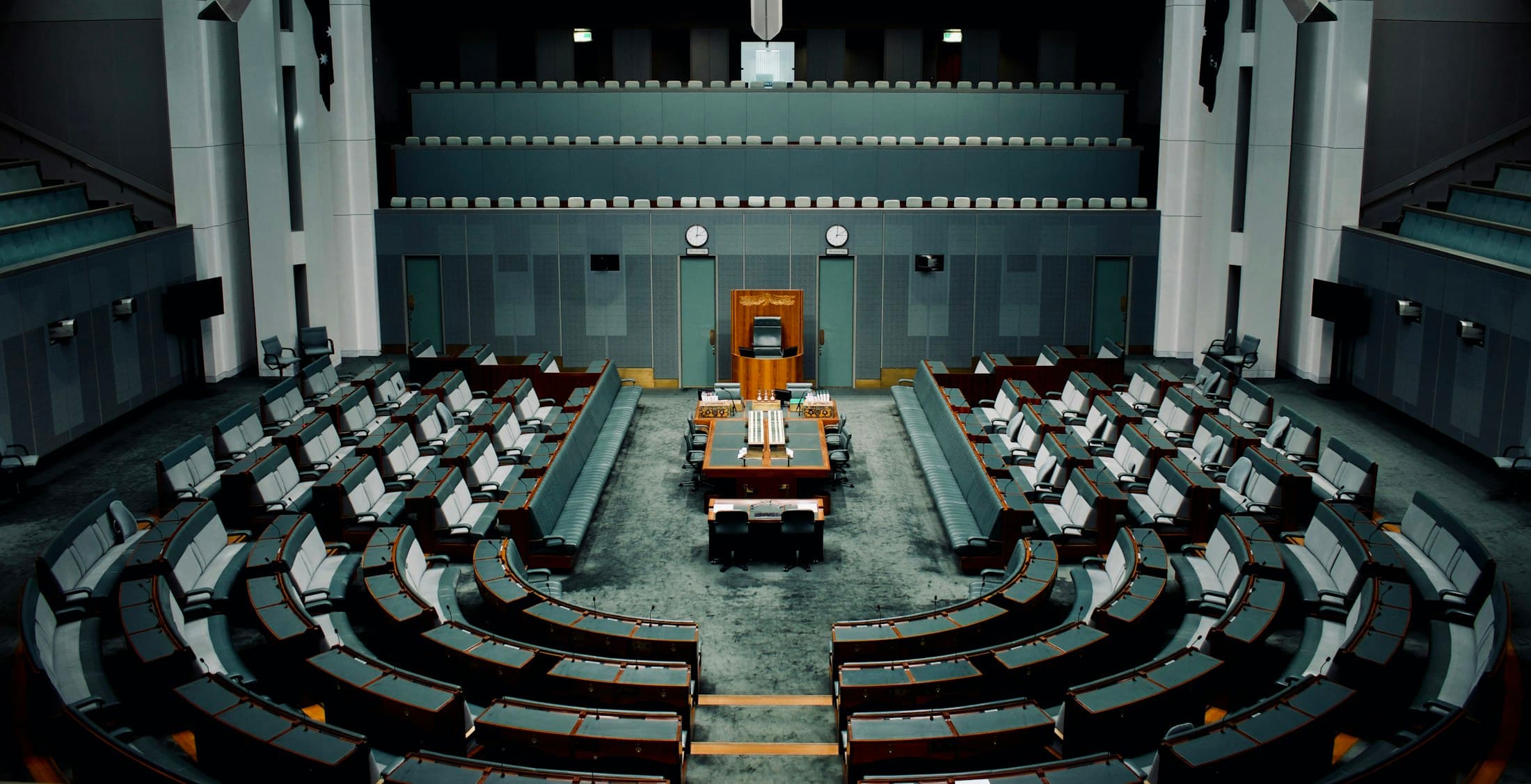 An empty legislative chamber
