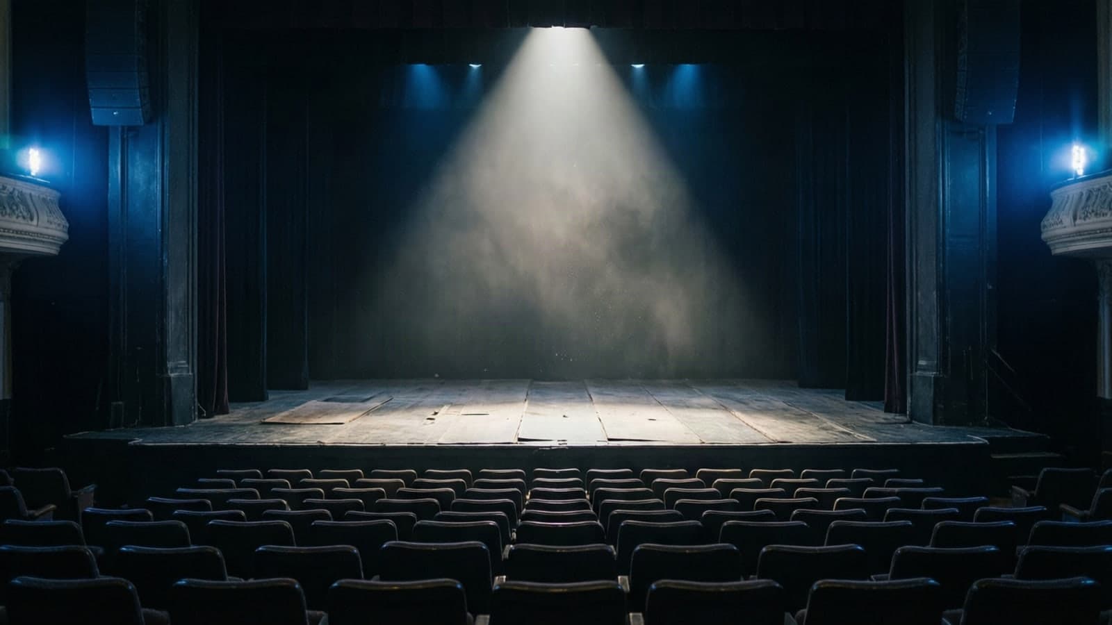 An empty stage lit by a single spotlight with nobody on it, seen from the back of a dark hall