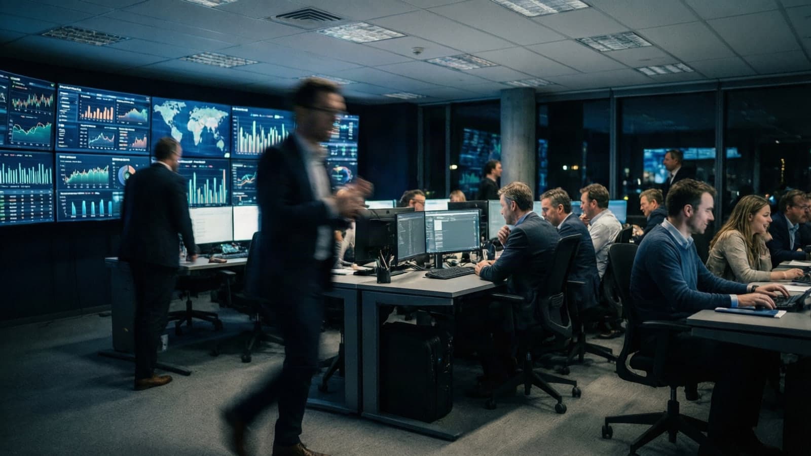 A busy operations room with live dashboards on the wall screens
