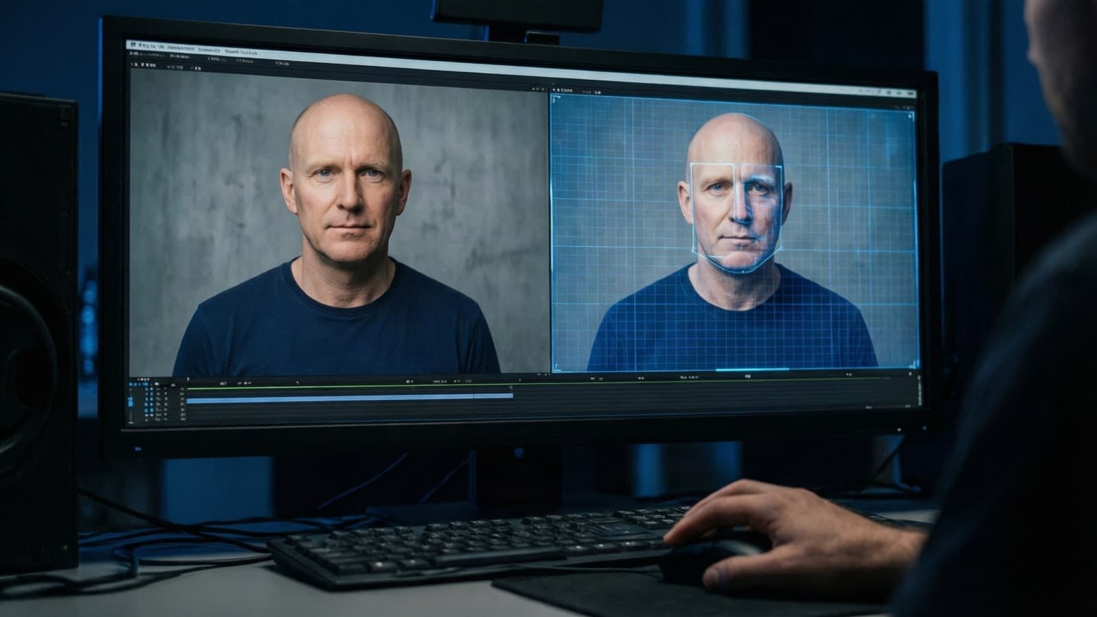 A video editing suite comparing an original and a manipulated video frame side by side with a detection overlay