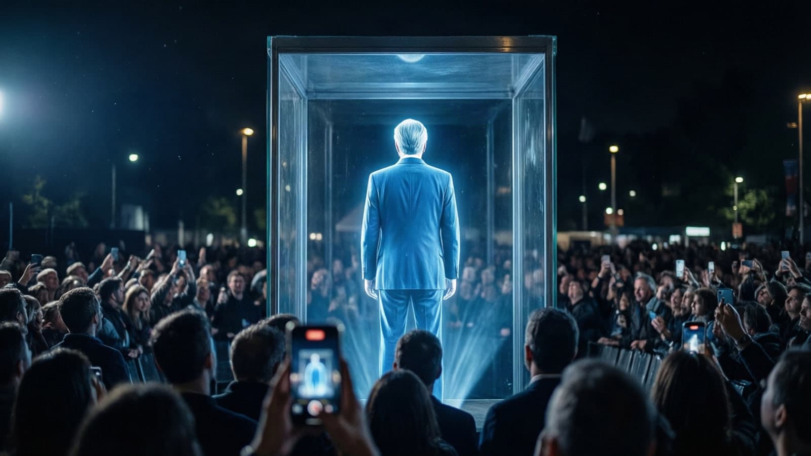 A life-size hologram of a speaker inside a glass projection booth on a stage, watched by a crowd holding up their phones