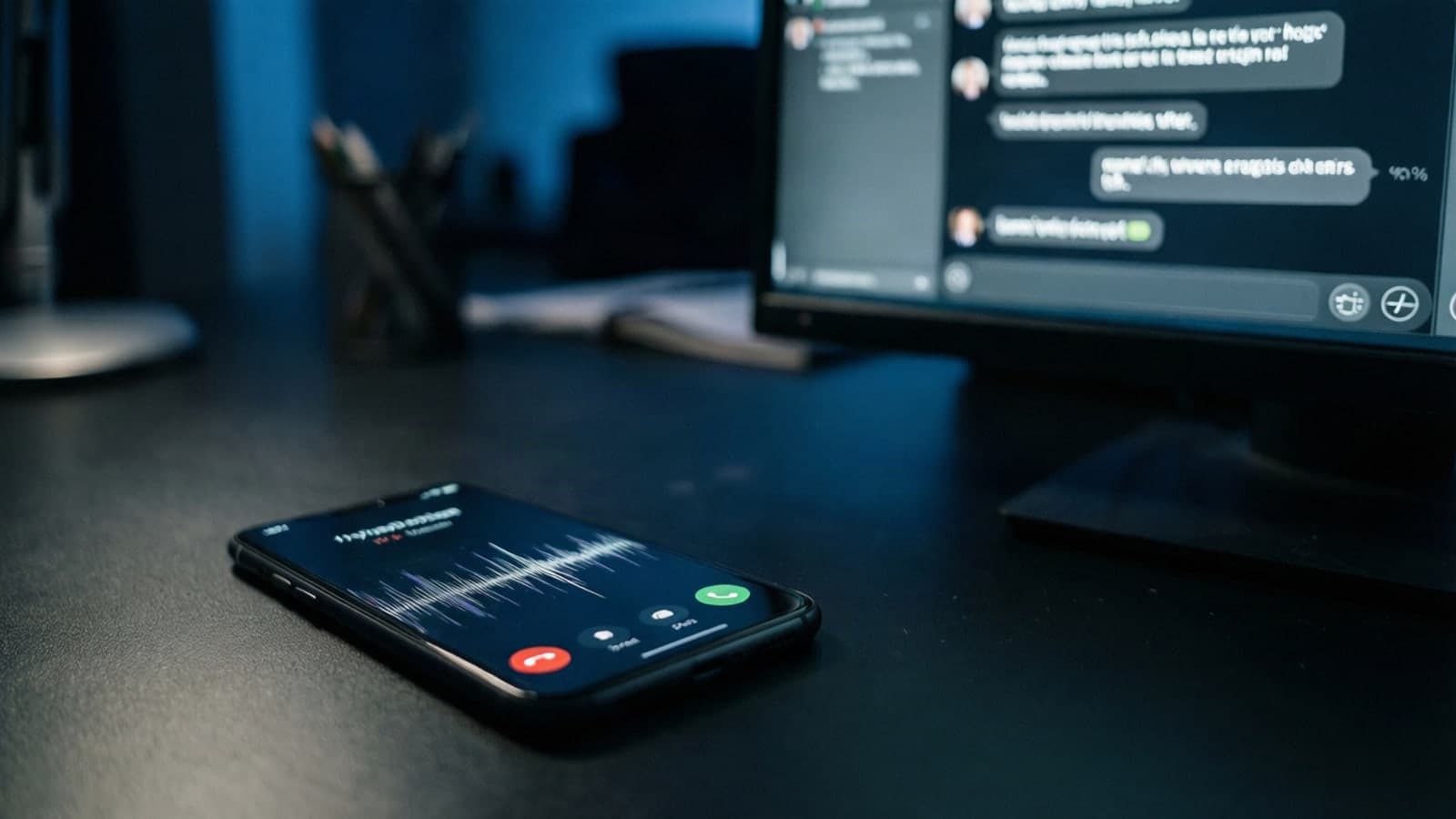 A phone on a desk showing an active call next to a monitor displaying a live transcript of the conversation