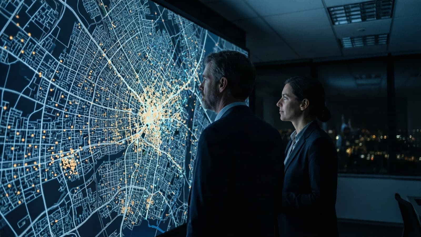 Analysts studying a large illuminated city map covered in data points in a darkened room at night