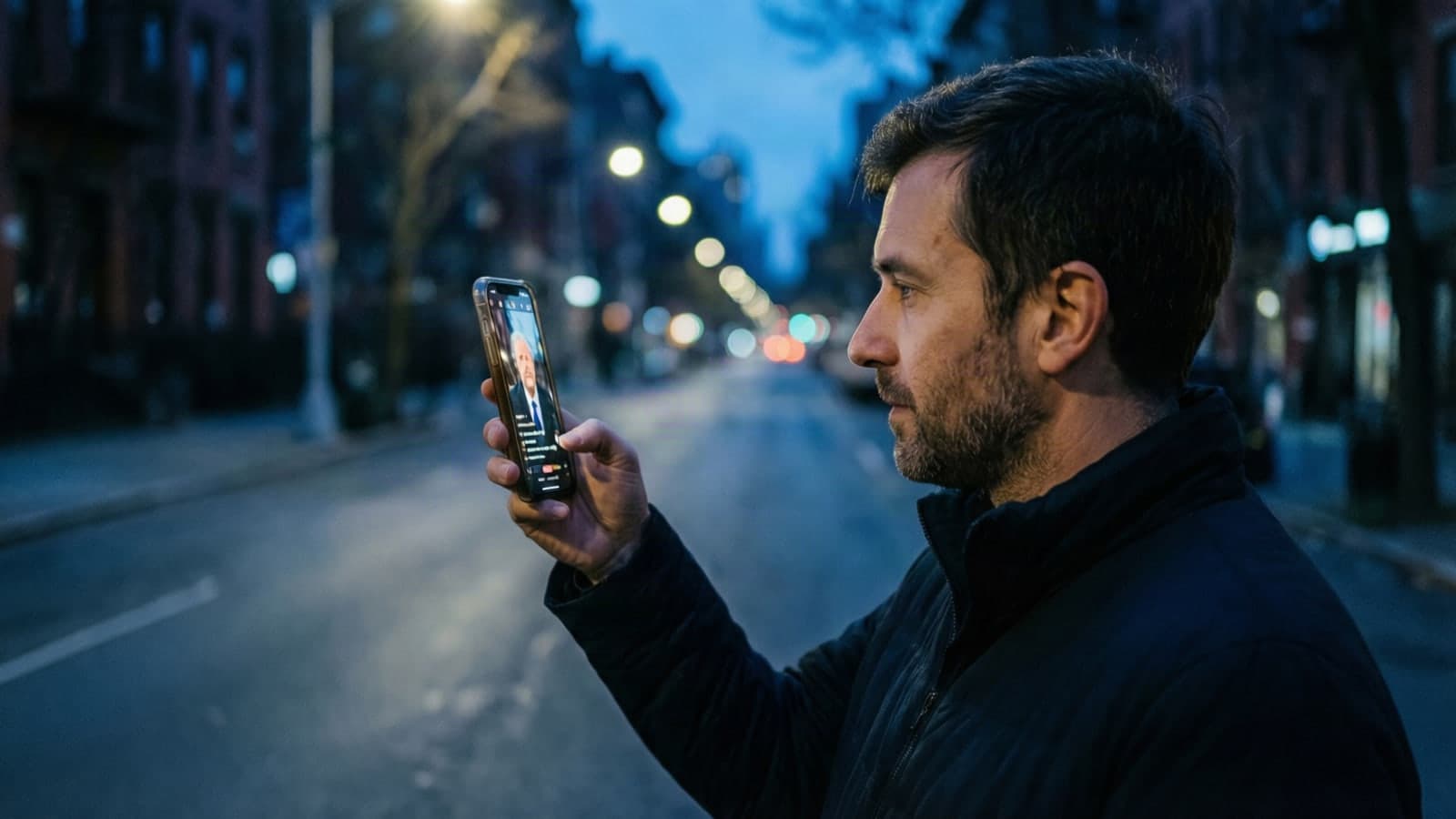 A person on an evening street watching a personal video message on their phone, the screen lighting their face