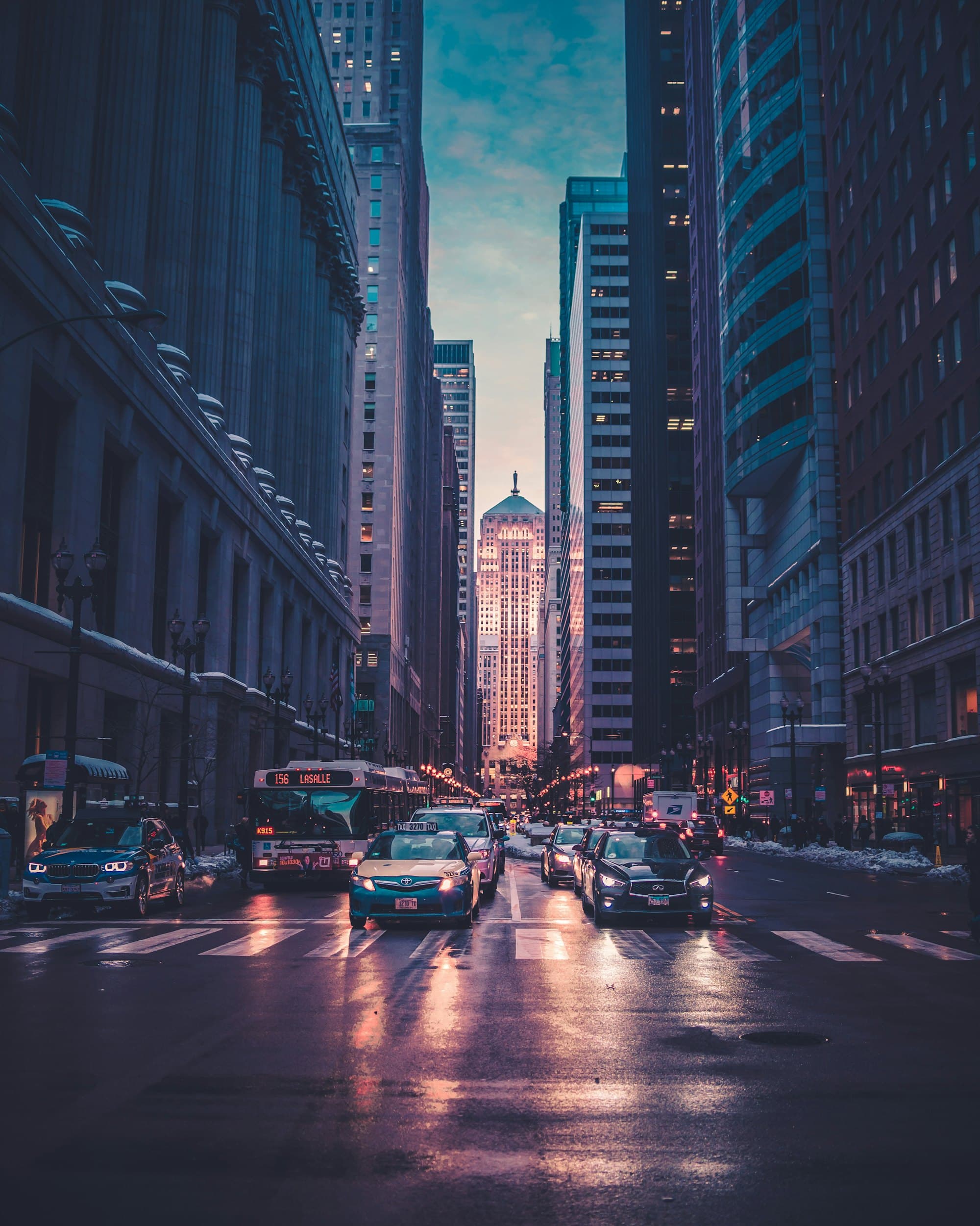 A city street at dusk