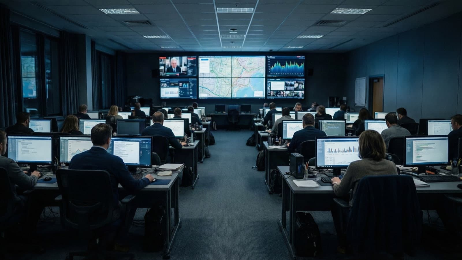 A calm campaign operations room at night, with people at desks and large screens on the wall