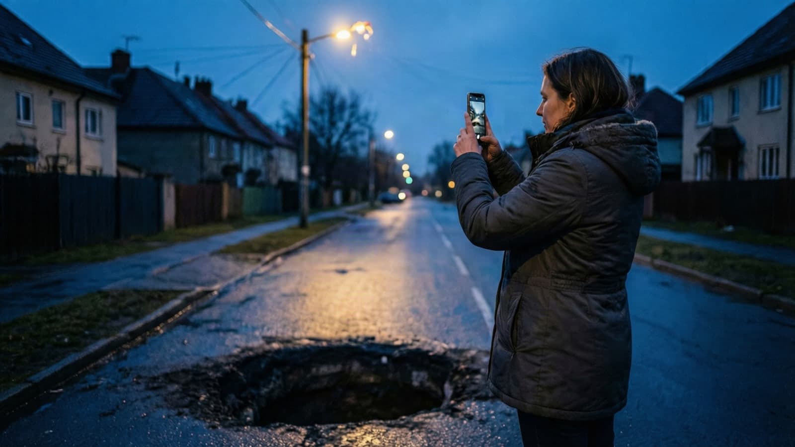 A resident photographing a broken streetlight and a pothole to report it