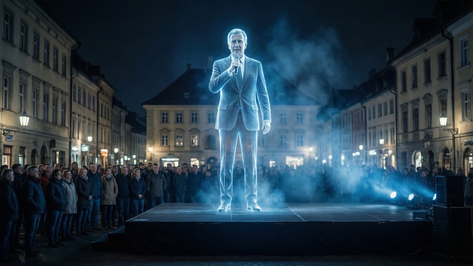 A life-size holographic figure of a speaker projected in a town square at night while a small crowd watches