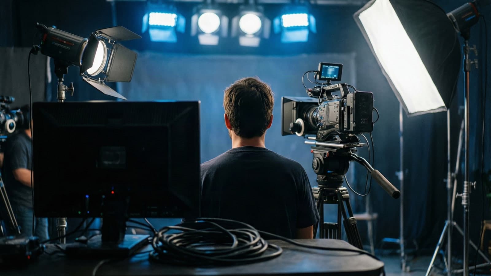 A compact video studio during a shoot, with a camera and lights trained on a speaker seen from behind