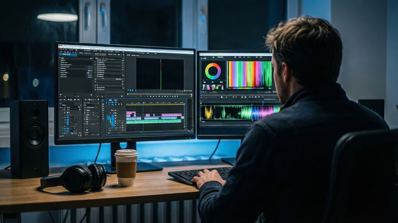 Short-form video clips being edited on a timeline at an editor's desk at night