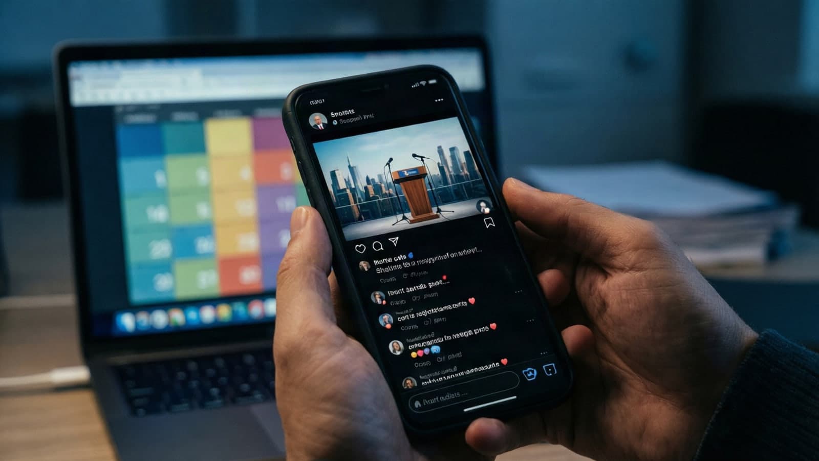 Hands holding a phone and replying to comments under a short video post, with a posting calendar blurred behind