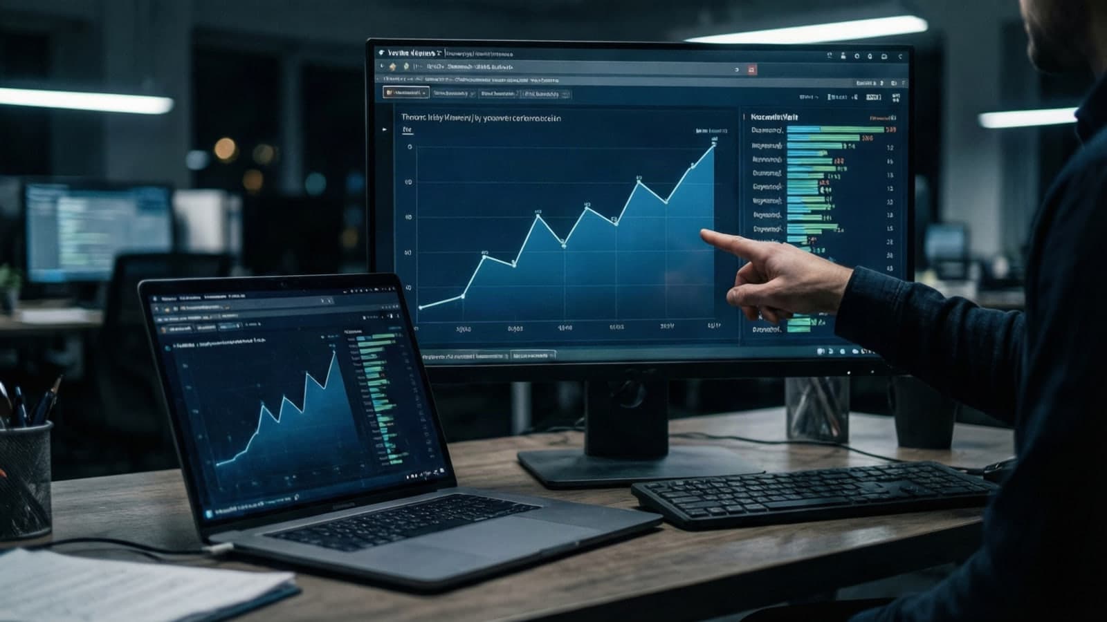 A monitor showing video views rising on a chart and keyword performance bars, with a hand pointing at the trend