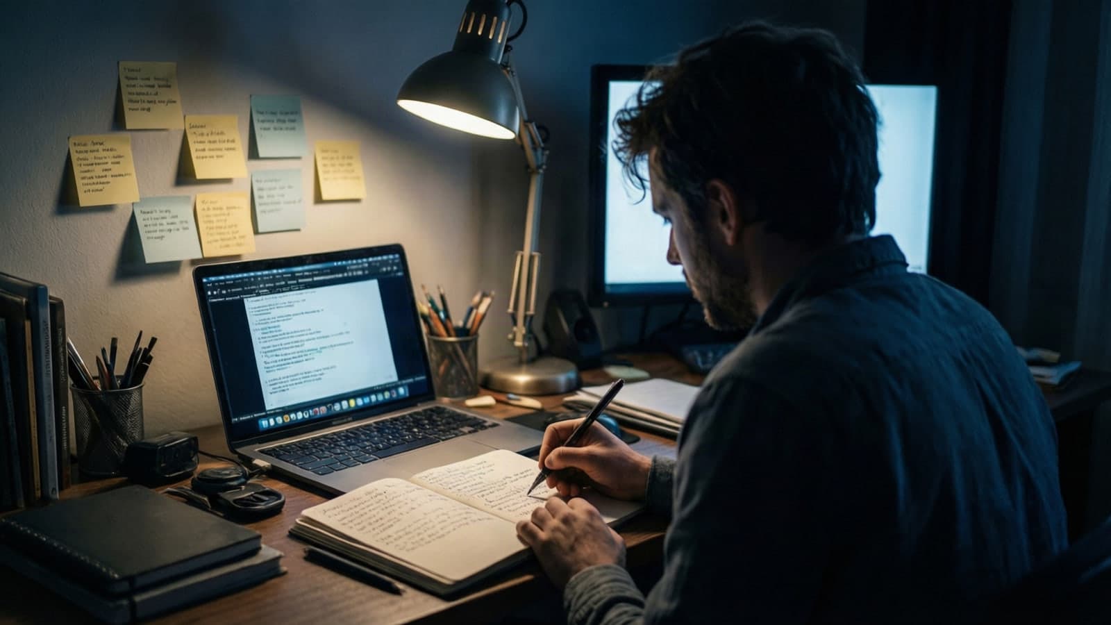 A scriptwriter at a desk at night drafting short video scripts beside a laptop, with topic notes on the wall